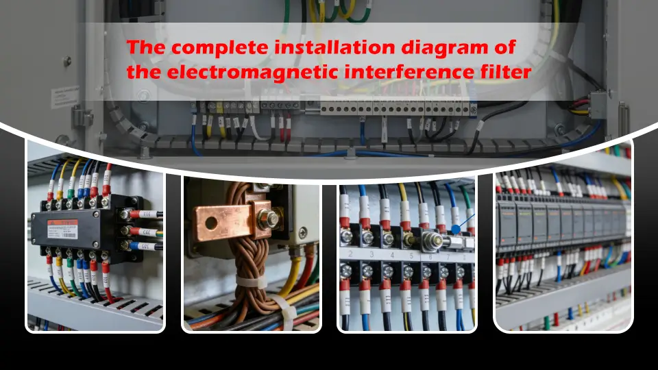 a completed installation of an EMI filter, showcasing proper grounding and organized cable routing to minimize electromagnetic interference in fire alarm systems. 